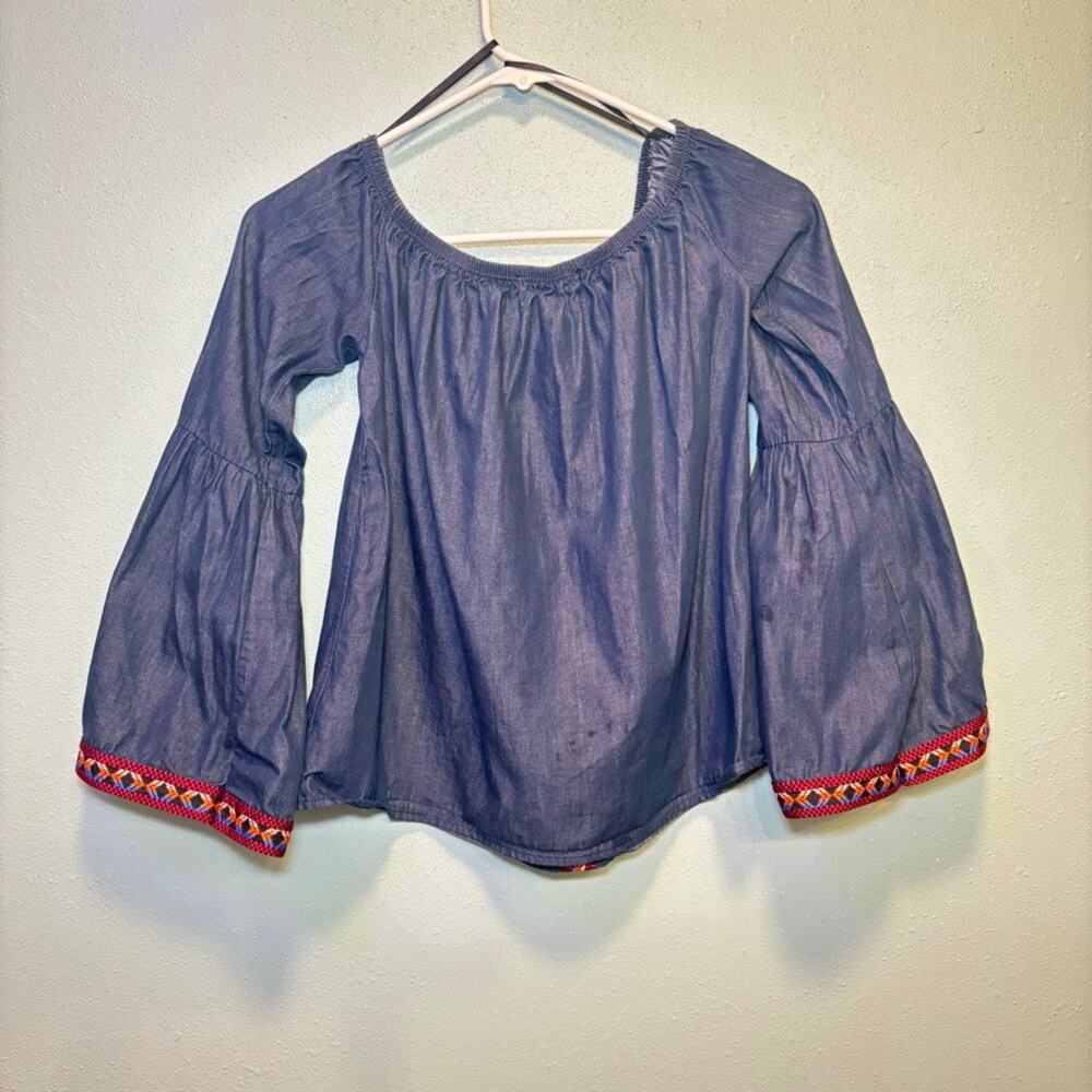 A'GACI Denim Off Shoulder Peasant Blouse Small Bell Sleeve Aztec Embroidery - Picture 9 of 9